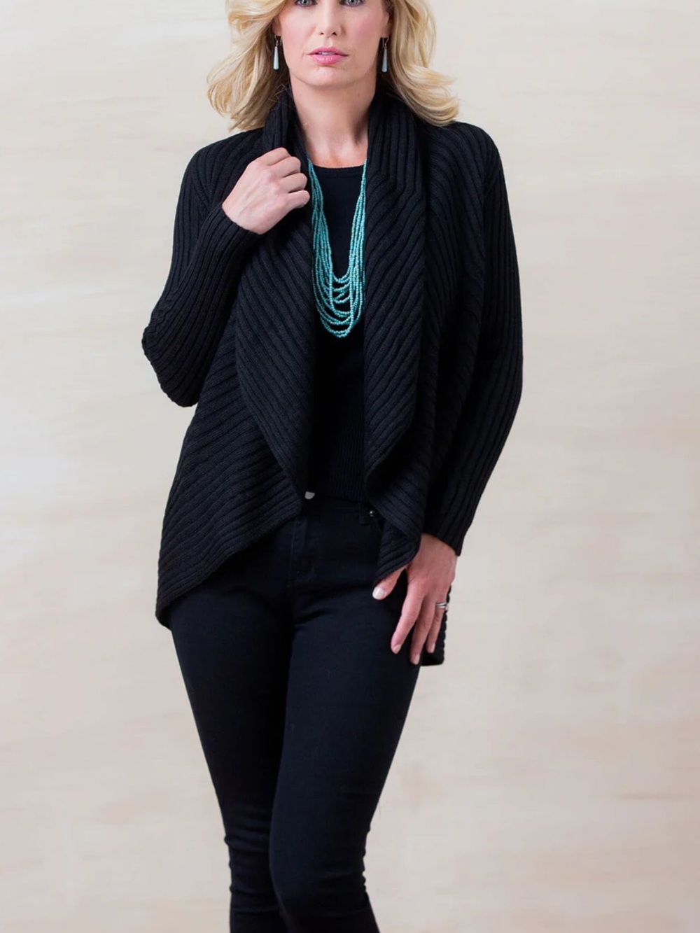Black Draped Open-Front Women's Cardigan Sweater Made in Peru